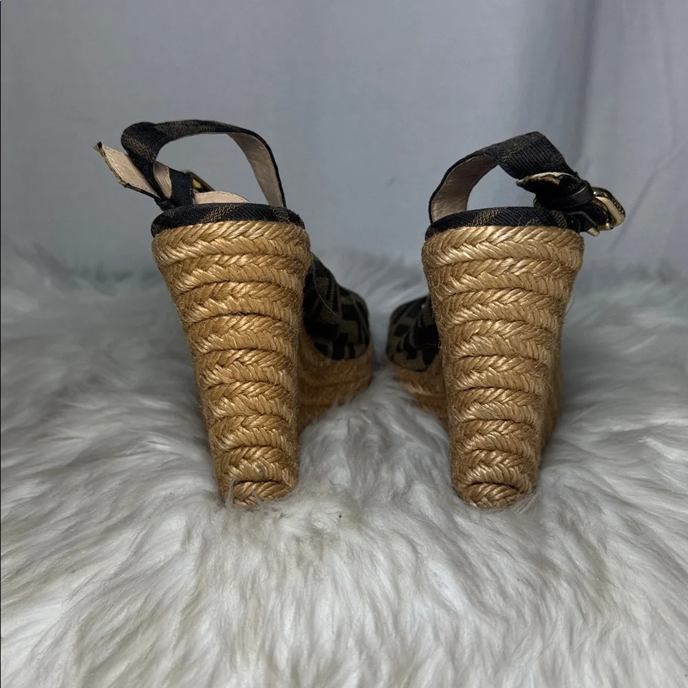 Fendi‎ Zucca Canvas Espadrille Wedge Peep-Toe Sandals Sz 38/US 8